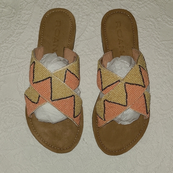ROAN. LEATHER Bohemian Tan and Orange Sandals with Geometric Straps NWOT - Picture 1 of 6